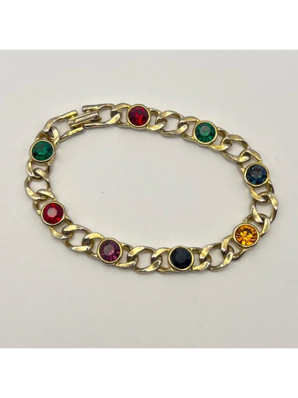 Jewel Tone Bracelet Multicolor Rhinestone Bezel Signed USA 7.5